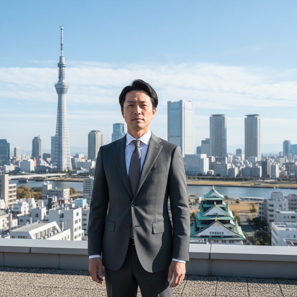 大阪府知事 吉村洋文氏の真剣な表情と大阪の街並み。国籍に関する真実を伝えるイメージ。