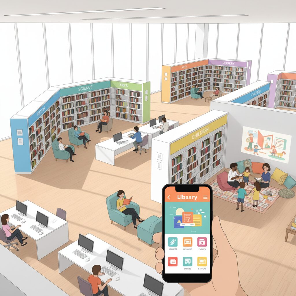 伊勢原市立図書館の内部、本棚、読書する人々、スマートフォンで図書館サービスを利用する様子