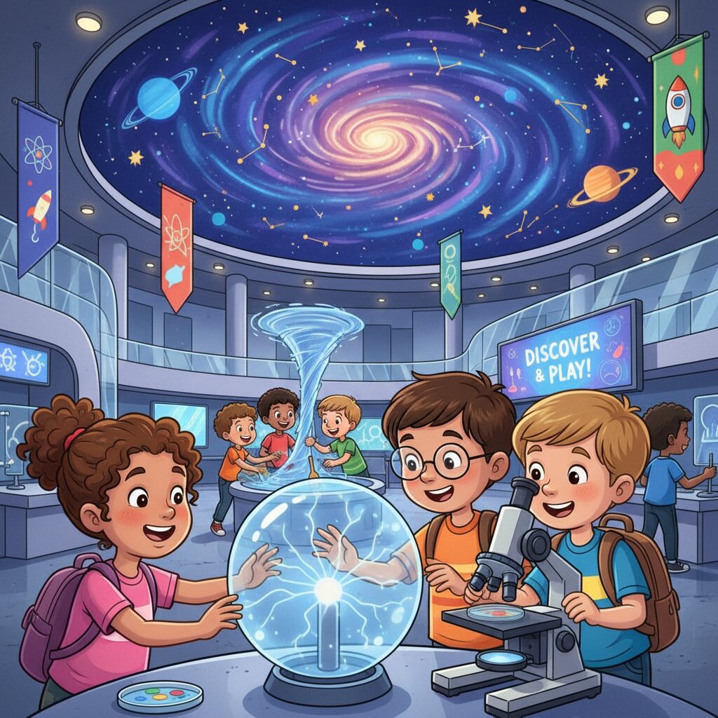 伊勢原市立子ども科学館で体験型展示を楽しむ子供たちと美しいプラネタリウムのイラスト