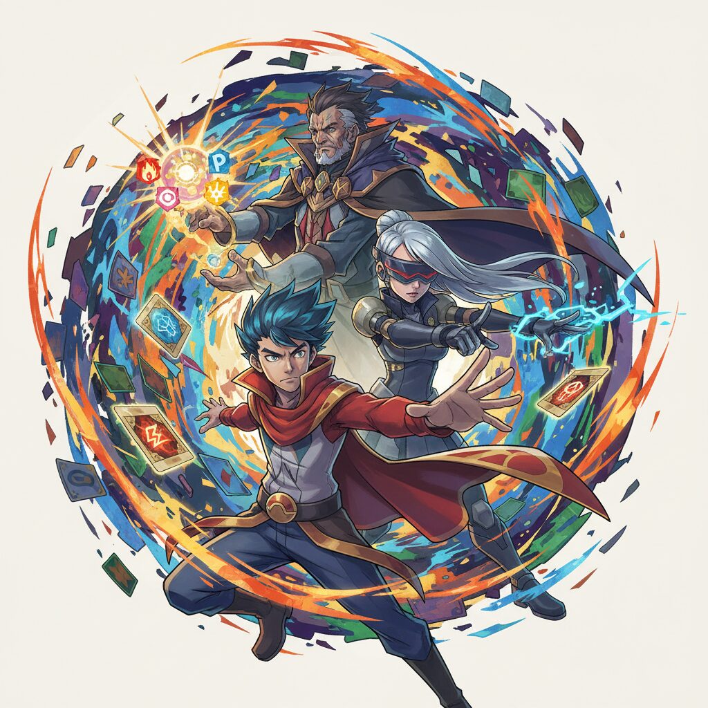 ポケモンカードゲーム「ボスの指令 SR」のイラストが描かれたダイナミックなカードアート。複数のトレーナーが指示を出すポーズをしており、背景にはポケカの要素が散りばめられている。