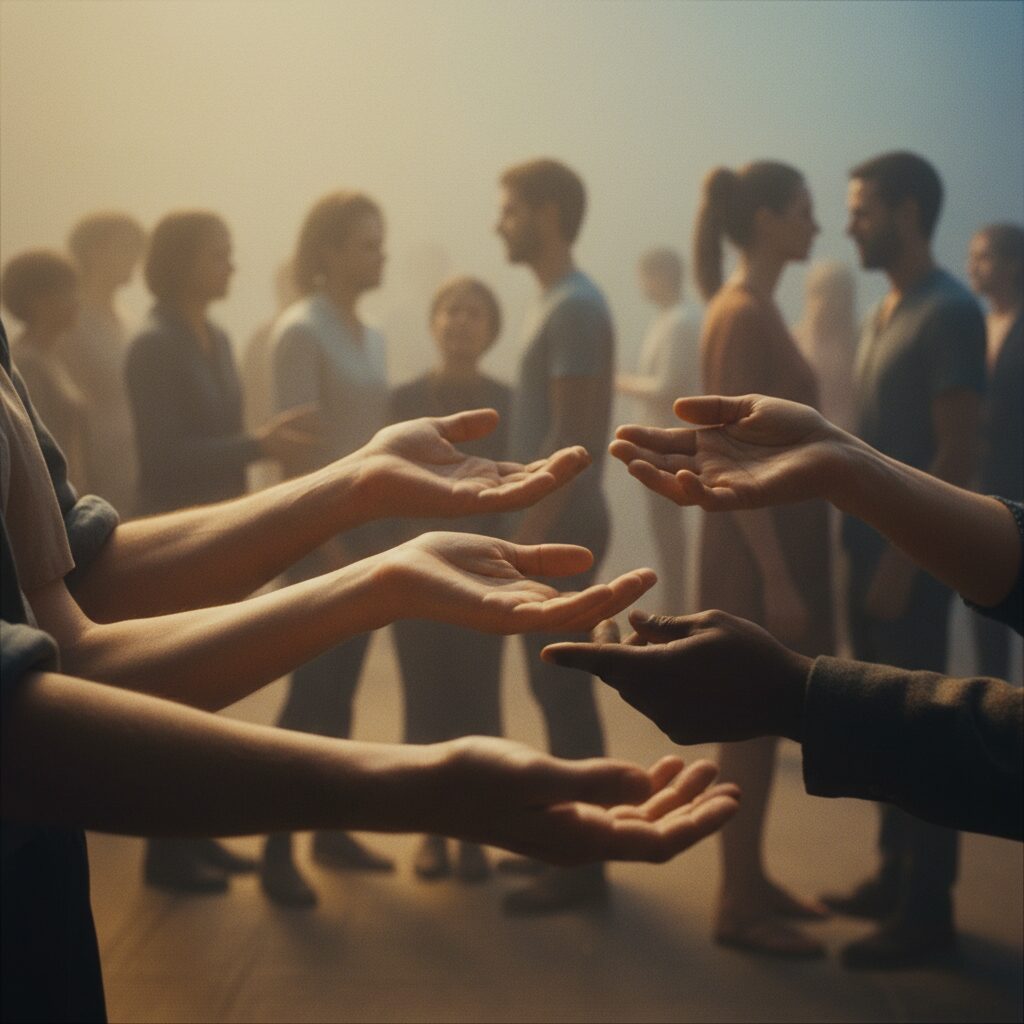 さまざまな人々の手がお互いに触れ合い、繋がりを象徴するイメージ。暖かくも物憂げな雰囲気で、絆の複雑さを表現している。