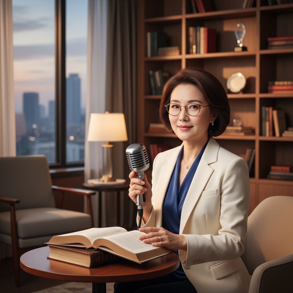 知的な雰囲気の出水麻衣アナウンサーがマイクを前に立つ姿。