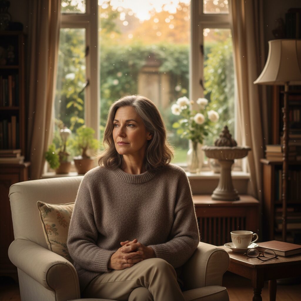 静かに遠くを見つめる鈴木杏樹さんのような女性のポートレート。メディアから距離を置き、再出発を思わせる落ち着いた雰囲気。