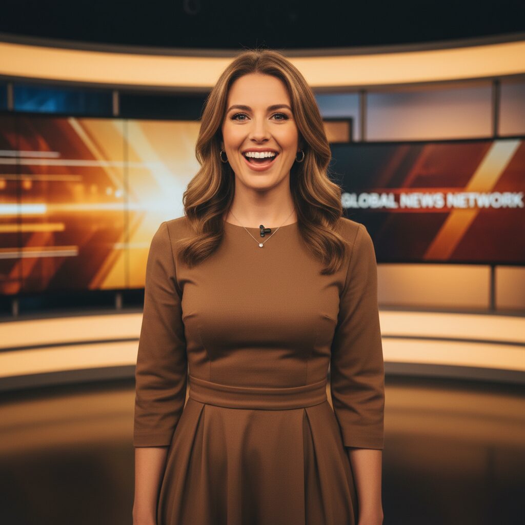 ニューススタジオで笑顔を見せるアナウンサー