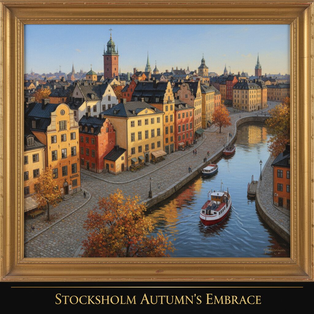 ストックホルムのガムラスタンにあるカラフルな中世の建物と石畳の通り、穏やかな運河を行き交う小さなフェリー、秋の紅葉が美しい晴れた日の風景。