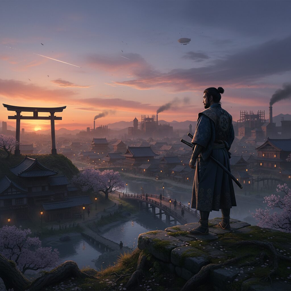 幕末の幕臣が未来を見据える姿を描いたイラスト