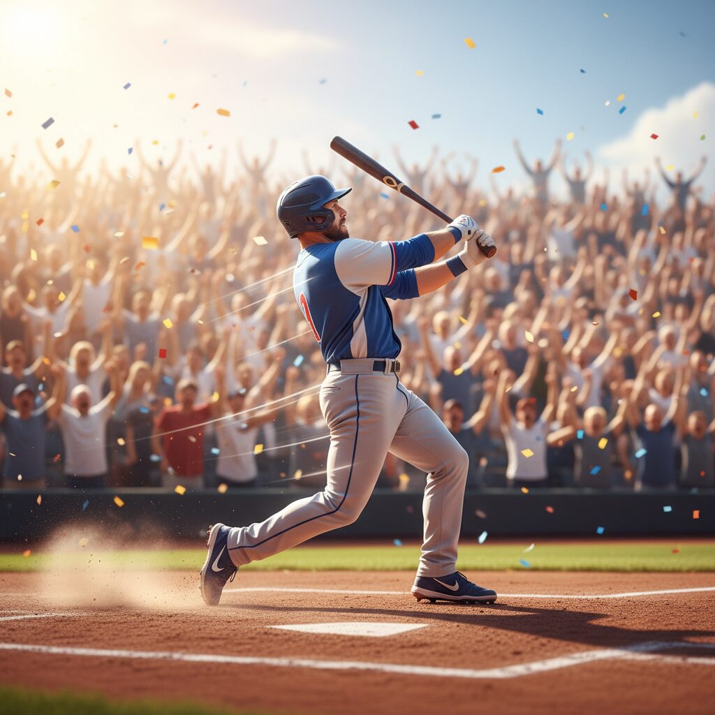 野球選手がバットを振る姿と応援するファン