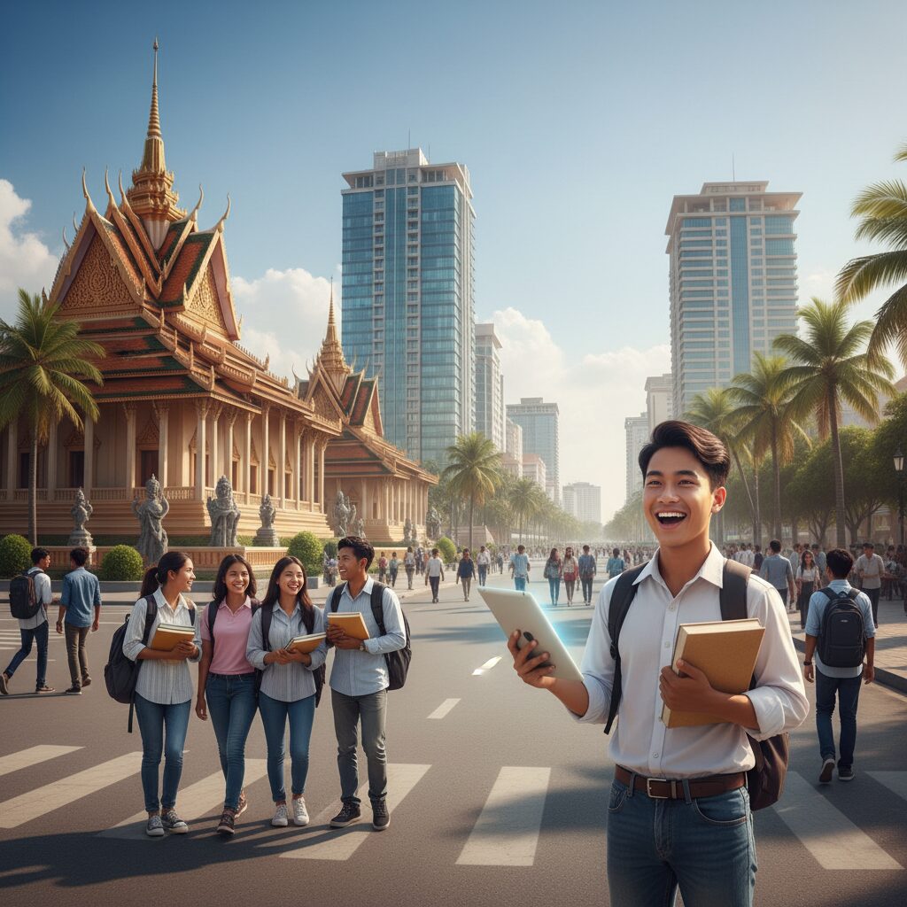 カンボジアのプノンペン、活気あふれる街で英語学習に励む若者たちの様子。