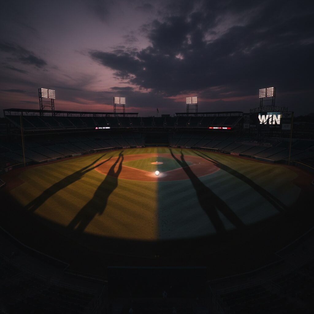 野球スタジアムの夕暮れ、複雑な物語を暗示する影