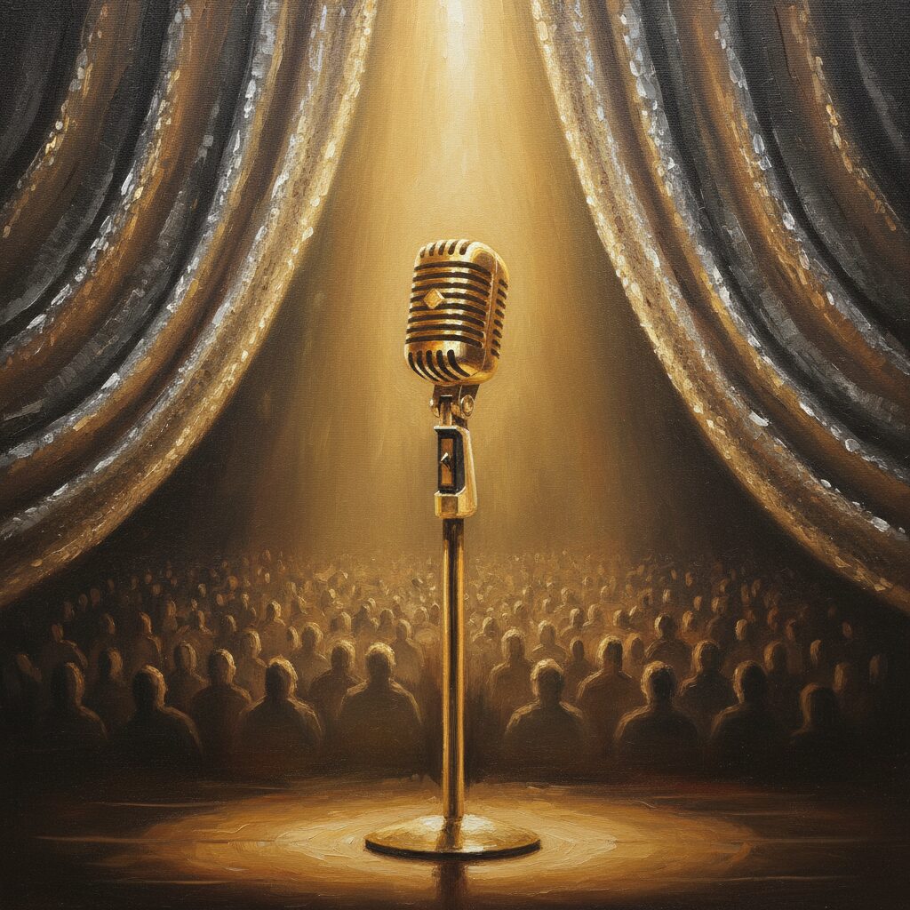 ステージ上の金色のマイクと、美川憲一さんの復帰への強い意志を示すような希望に満ちた劇場風景