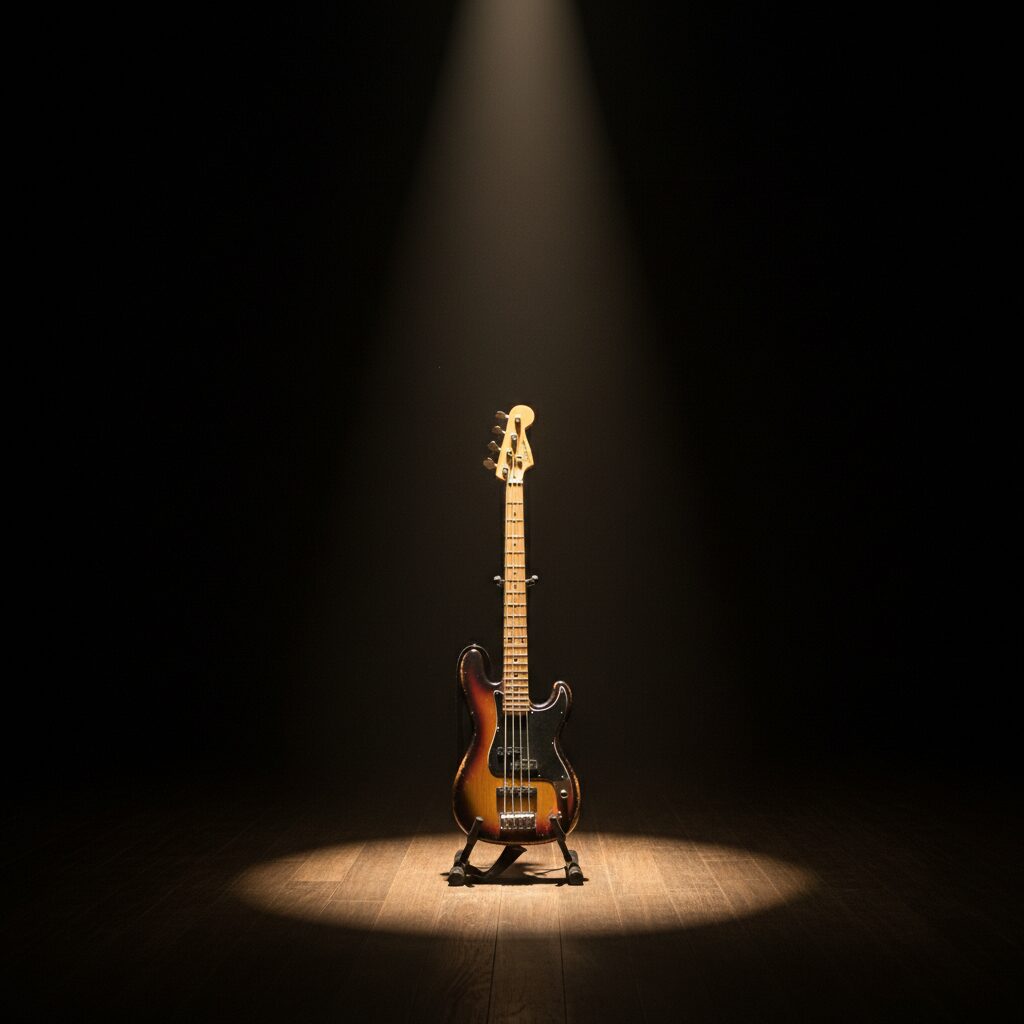 スポットライトが当たる空っぽのステージに置かれたベースギター。アルコサイトのベーシスト濱口亮さんへの追悼を表す。