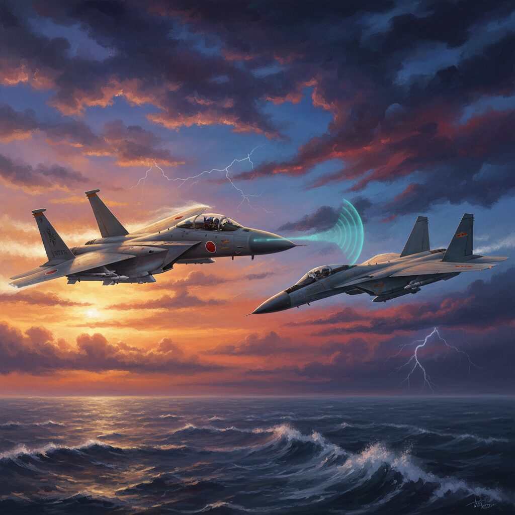 沖縄公海上で中国軍機が自衛隊機に火器管制レーダーを照射する緊迫した様子を描いたイラスト。