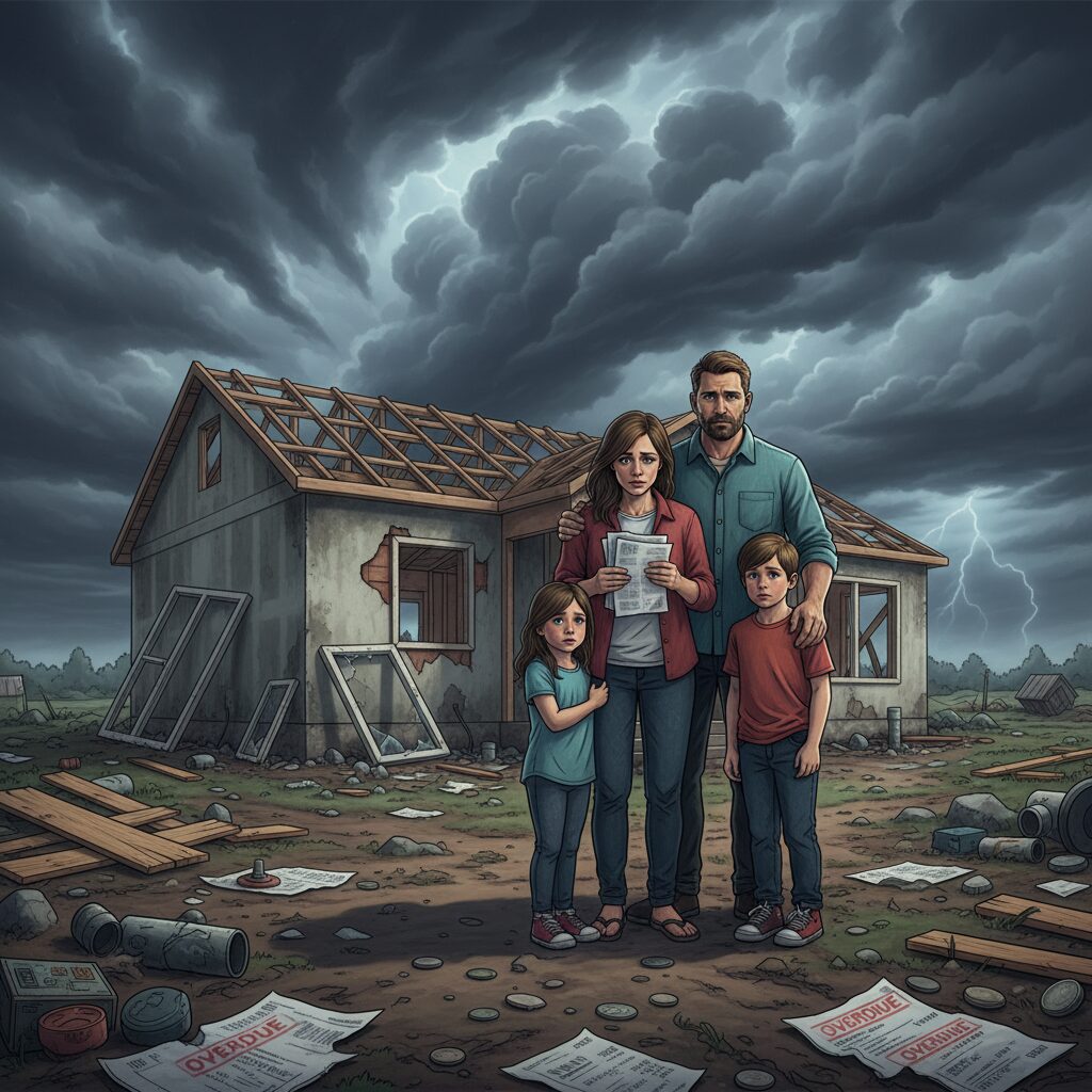 未完成の住宅とローン書類を前に困惑する家族のイメージ
