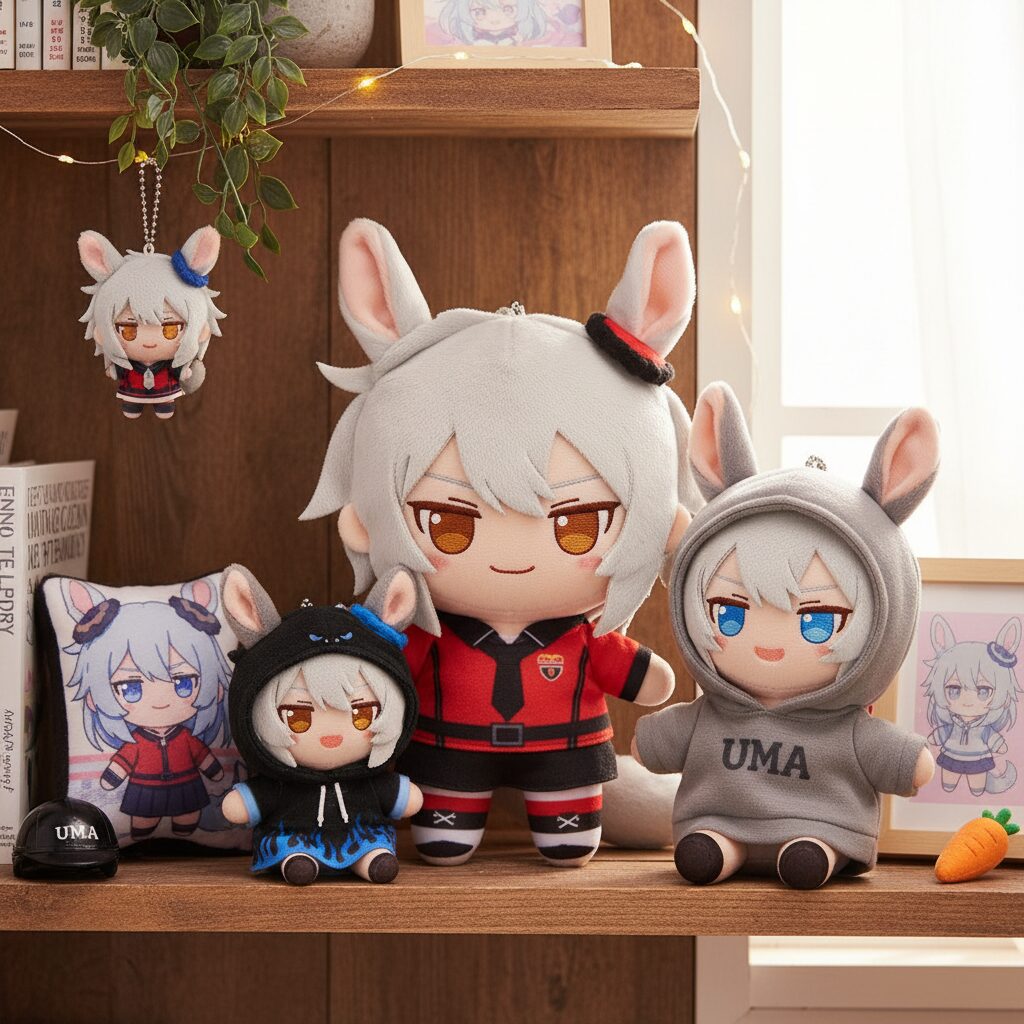 さまざまな種類のウマ娘オグリキャップぬいぐるみが並べられた写真。大小さまざまなサイズがあり、棚やデスクに飾られている様子。