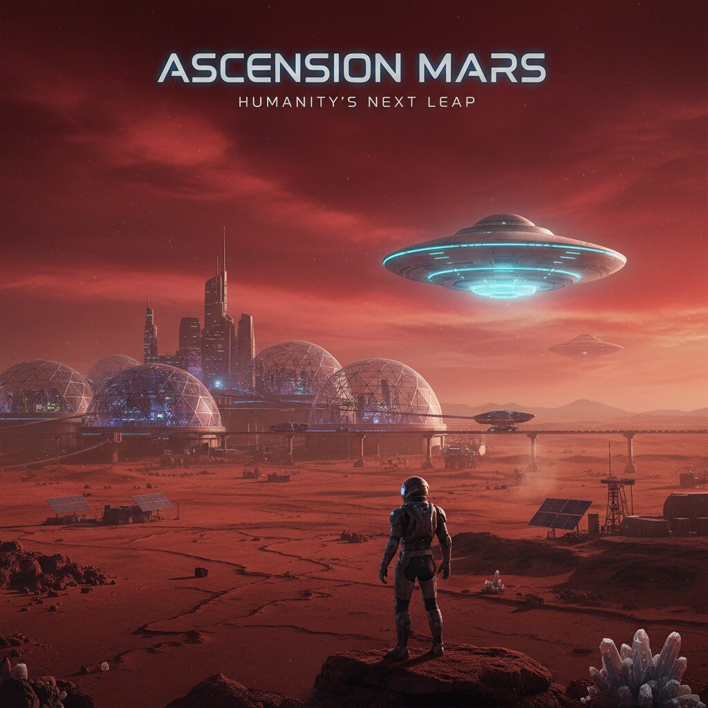 赤い空の火星に立つ未来の都市と謎の物体、壮大なSFドラマのビジュアル