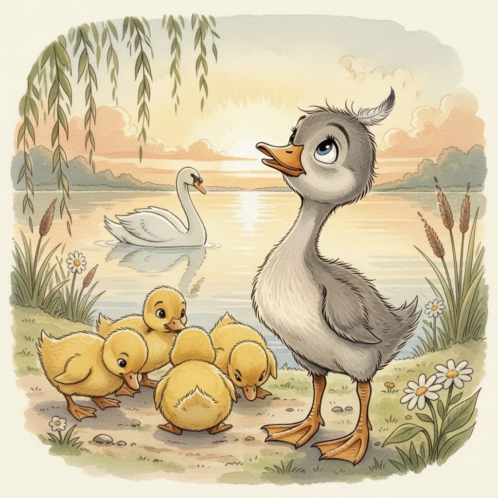 他人のアヒルの子と違う姿で佇む若いアヒルの子、遠くに美しい白鳥の姿が見えるイラスト