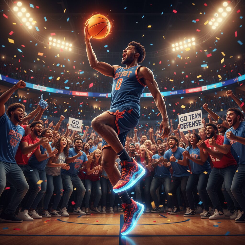 NBA選手オースティン・リーブスが自身のシグネチャーバッシュを履き、試合中に躍動する様子。