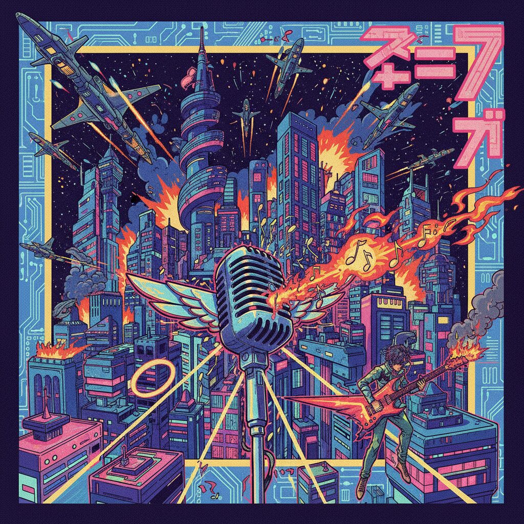 マクロス7の歌と戦闘シーンをイメージしたイラスト。宇宙空間で歌うキャラクターと戦闘機が描かれ、作品の二面性を表現。