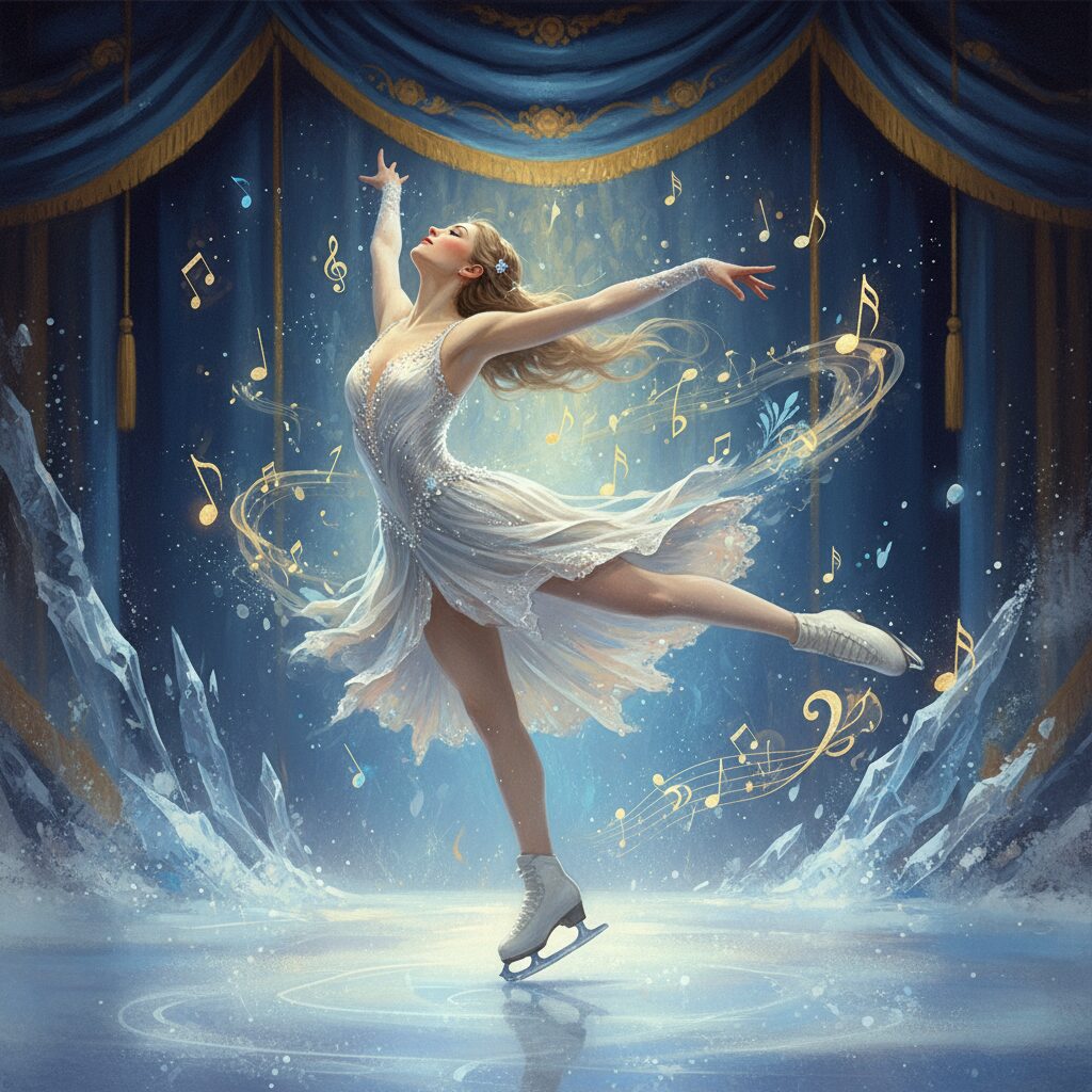 氷上で優雅に舞うフィギュアスケート選手。背景にはオペラ「トゥーランドット」を思わせる荘厳な雰囲気と、金メダルの輝きが描かれている。