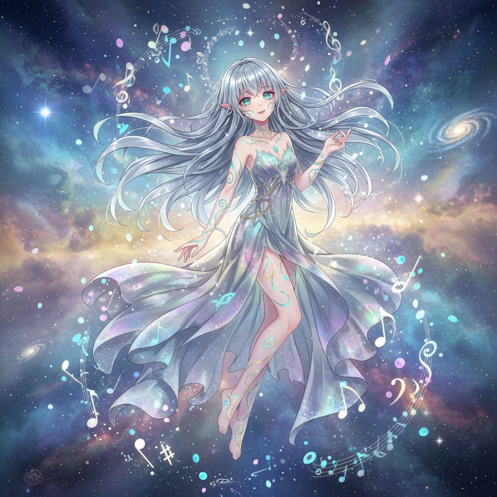 マクロス7に登場するプロトデビルン、シビルが歌に心を奪われている幻想的なイラスト