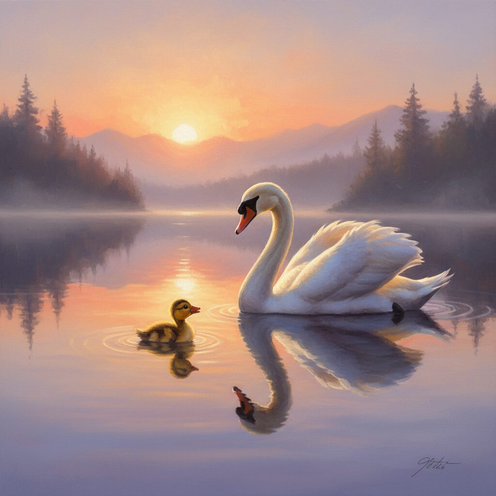 水面に映る白鳥を見上げるアヒルの子。成長と自己発見の象徴。
