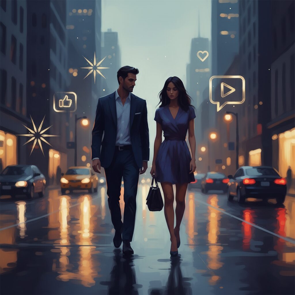 済州島やパリで目撃されたとされる、テヒョンとジェニに似た人物のシルエット。背後にはSNSのアイコンがぼんやりと浮かぶ幻想的なイラスト。