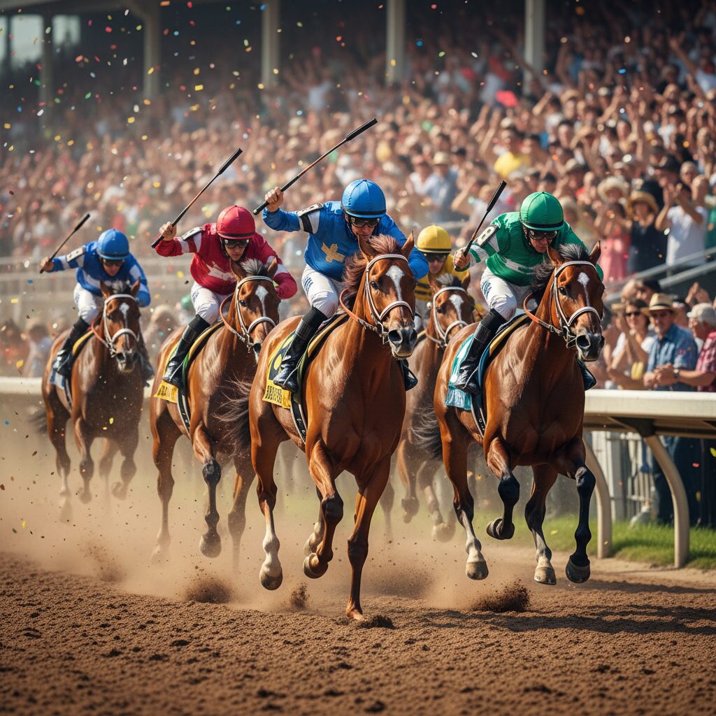疾走する競走馬と騎手の迫力あるレースシーン