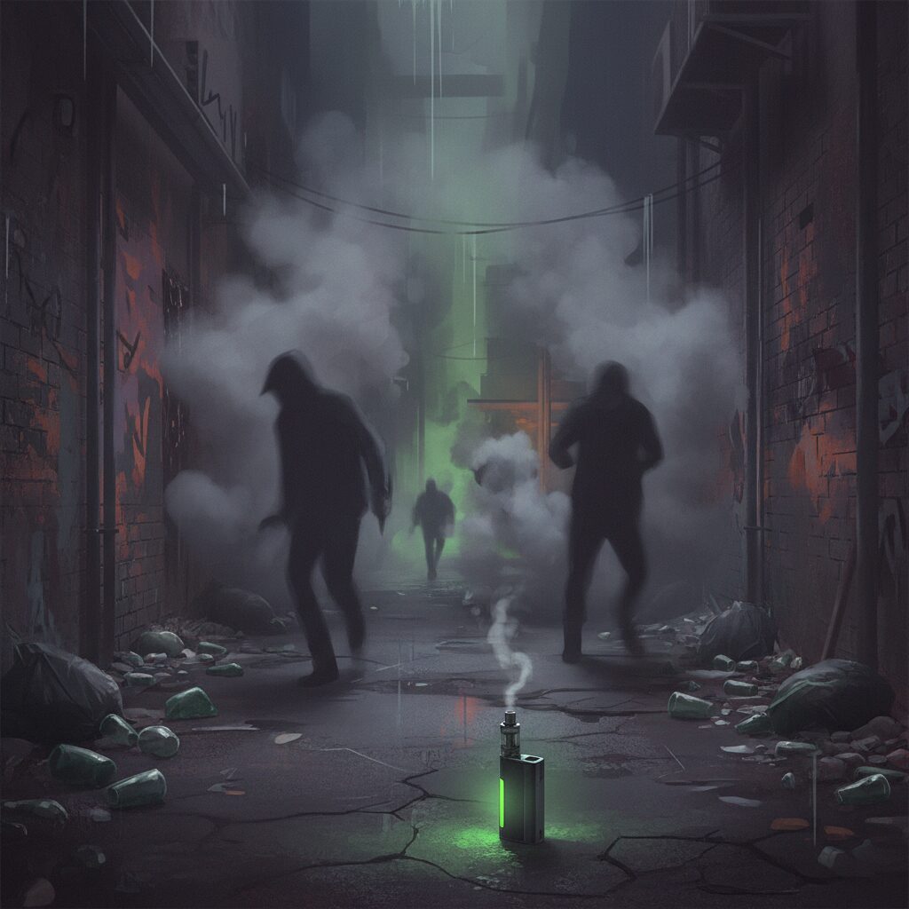 危険な電子タバコと若者のシルエット、エトミデート規制を象徴