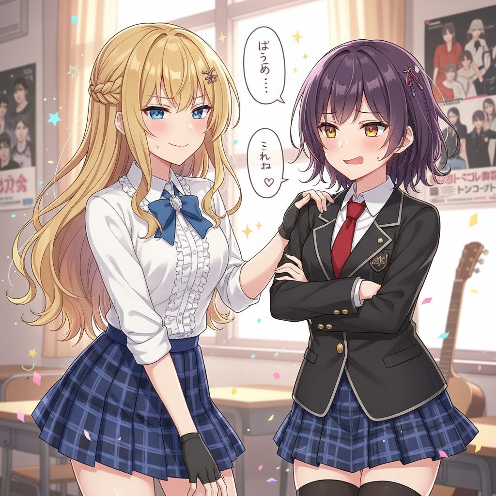 学園アイドルマスターのキャラクター、葛城リーリヤと月村手毬がユニークな表情で対話しているイラスト。