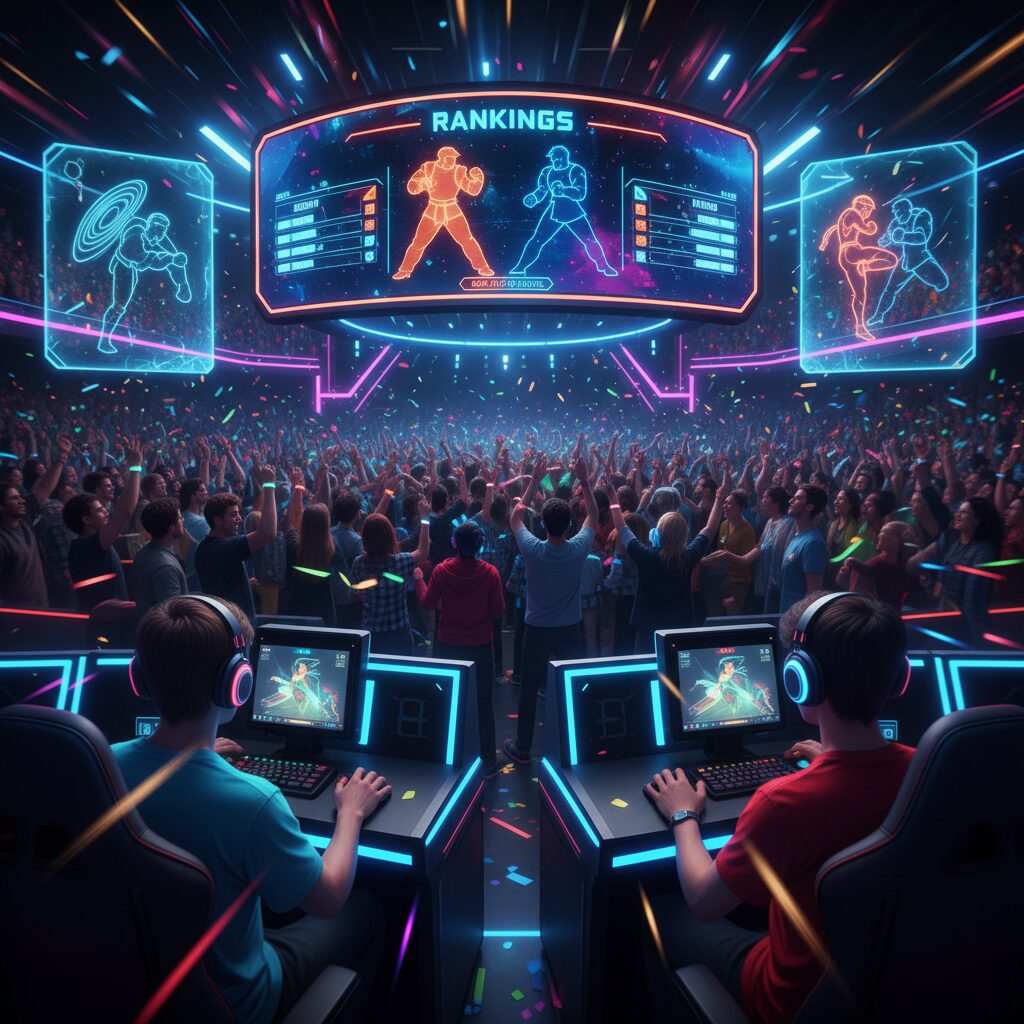 SFL2025のランキングが表示された巨大スクリーンと熱狂する観客、躍動感あるストリートファイターの競技シーン