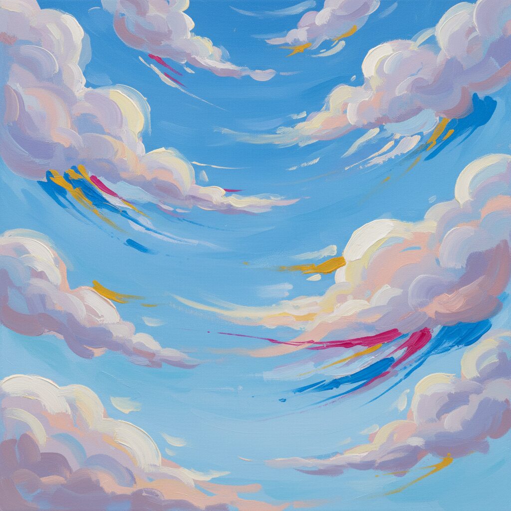 空を横切る飛行雲を抽象的に描いたアート作品。やわらかな色使いと独特の筆致が特徴。