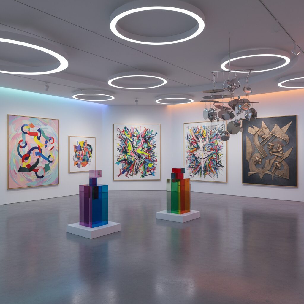 麻布台ヒルズ ギャラリーで開催された浜田雅功アート展の抽象的な展示風景