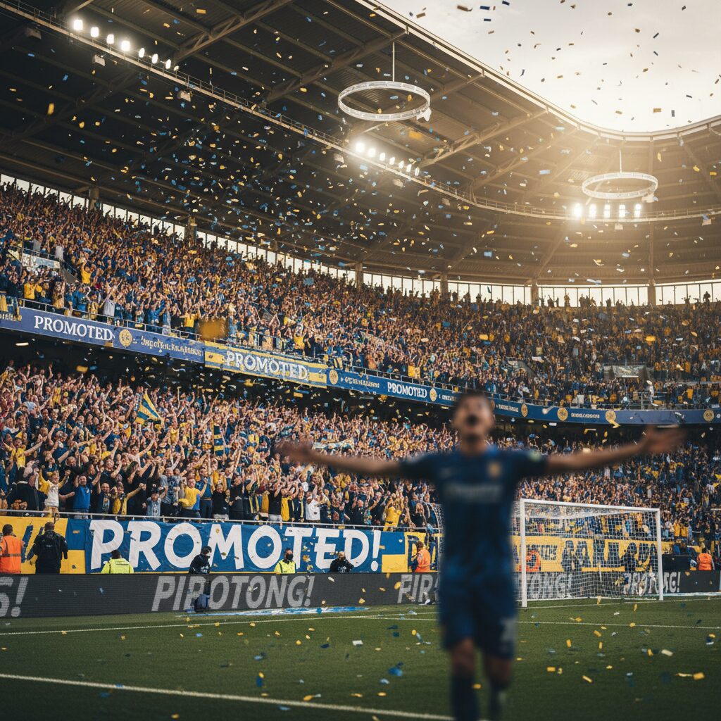 フクダ電子アリーナで17年ぶりのJ1昇格を喜ぶジェフ千葉の選手とサポーターの様子