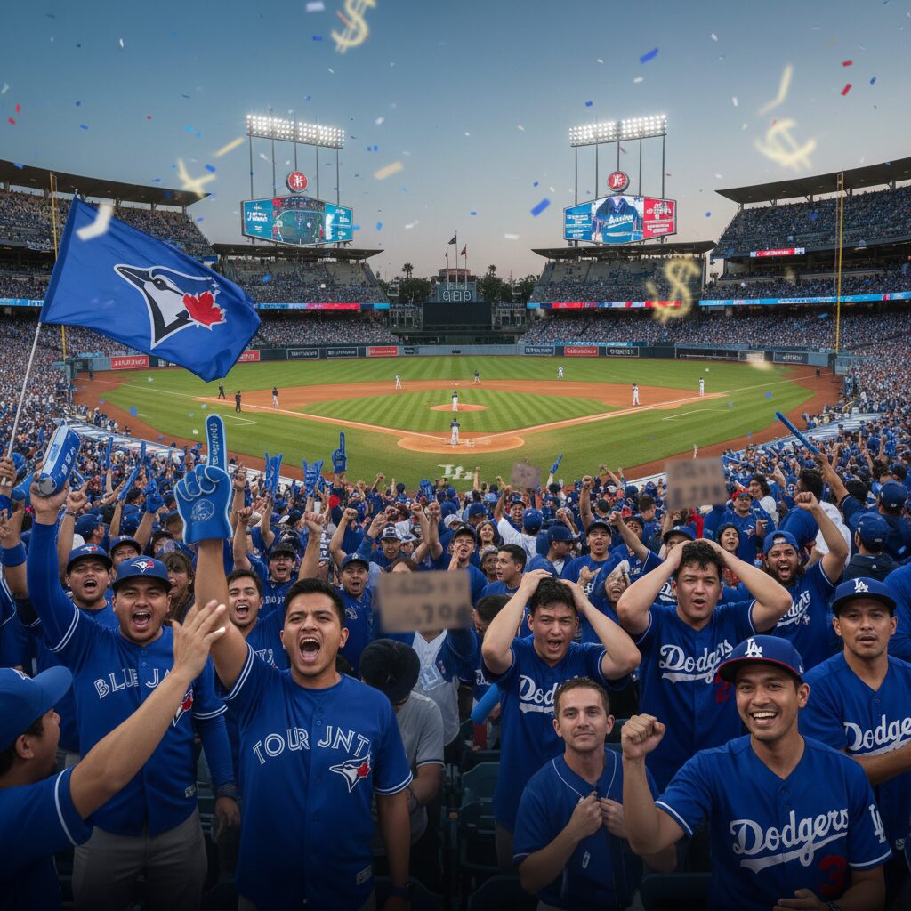 熱狂的な野球スタジアムの観客席と、高騰するチケット価格に困惑するファンの様子。ブルージェイズとドジャースのチームカラーが対比的に表現されている。