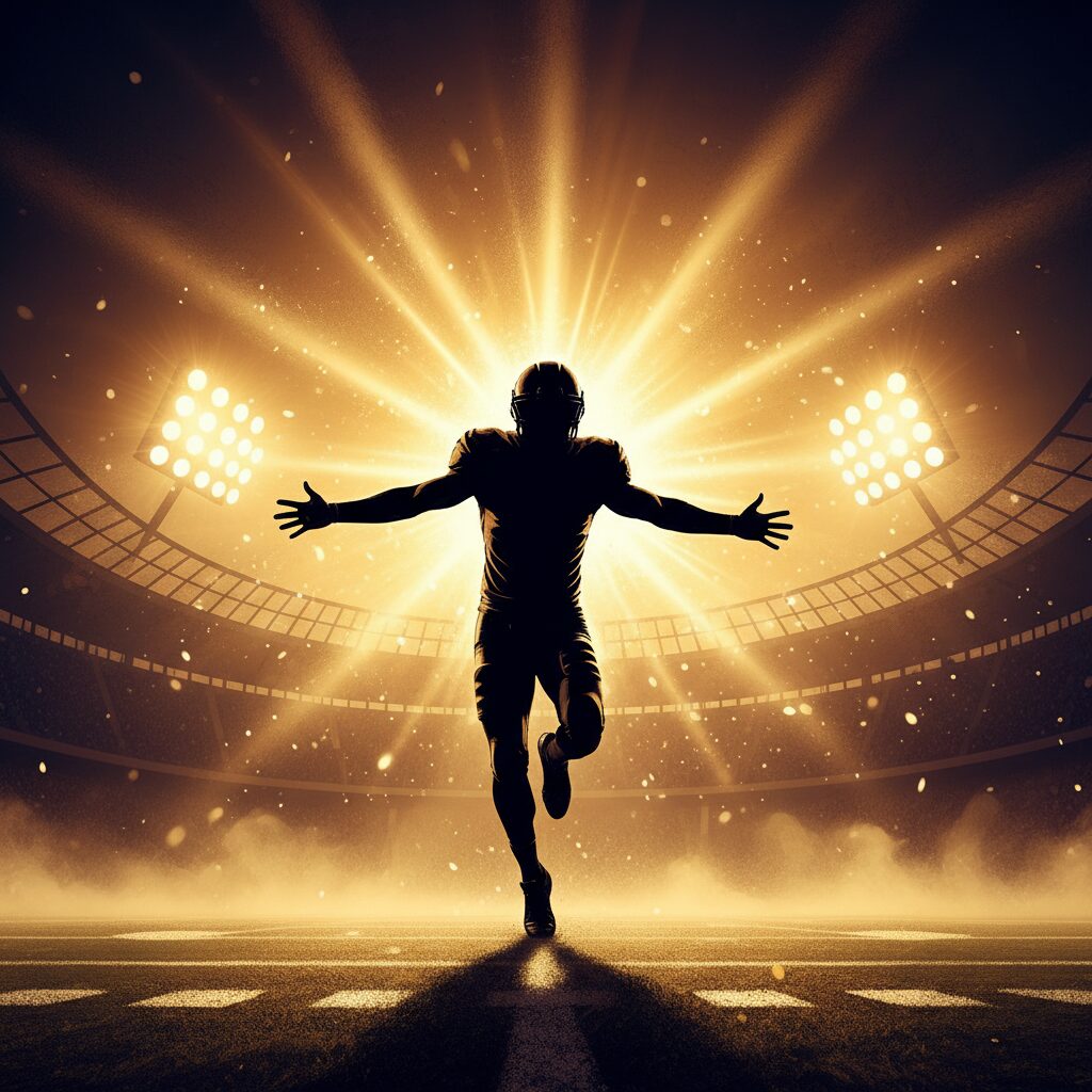 自信に満ちた表情でポーズを取るズラタン・イブラヒモビッチのシルエット。輝くスタジアムの光が背景にある。