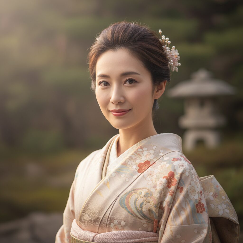 穏やかな笑顔を浮かべる美しい女性のポートレート。川島なお美さんをイメージした安らかな表情が印象的です。