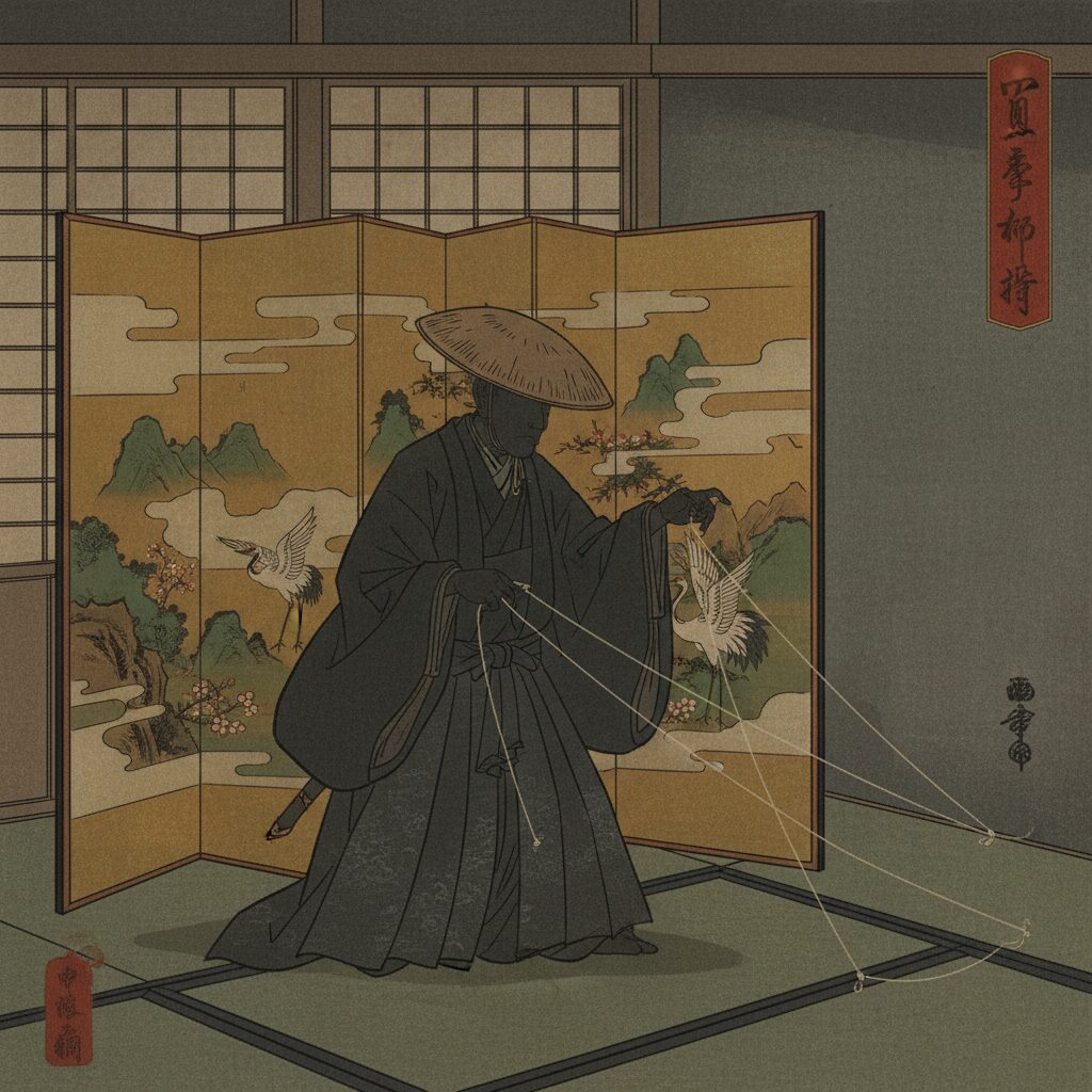 豪華な和室の背景で、影から糸を引くように座る着物姿の人物。顔ははっきり見えず、権謀術数を象徴する神秘的な雰囲気。