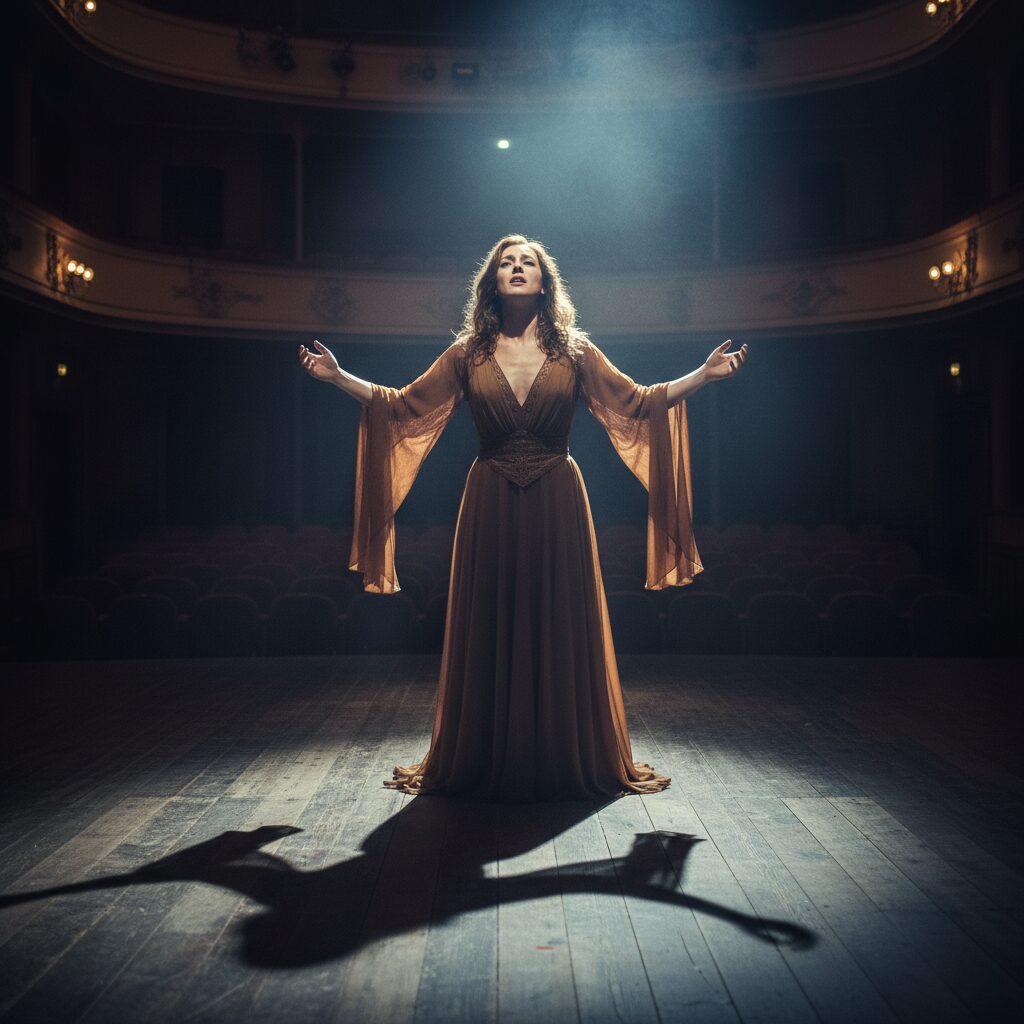 舞台上で熱演する女優のシルエット。力強く感動的な演技が伝わる。