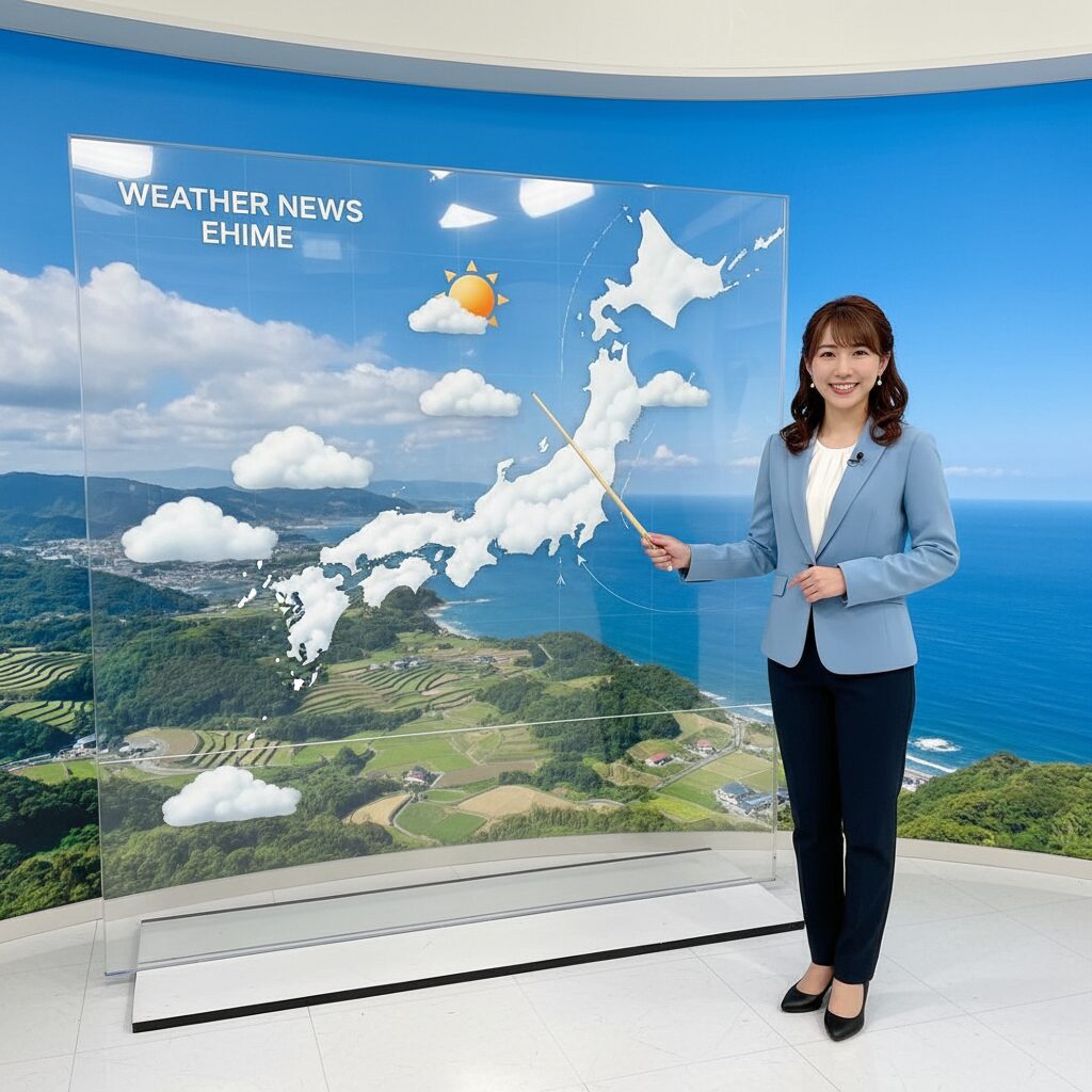 気象予報士の水谷加奈子さんが天気予報をしている様子。笑顔で「お天気棒」を使い、視聴者にわかりやすく解説している。背景には愛媛県の風景と雲が見える。