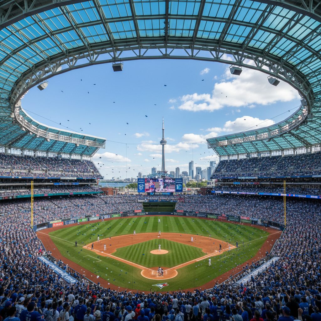 カナダ・トロントのロジャーズ・センター。開閉式屋根が開いており、隣接するCNタワーが見える。スタジアム内はブルージェイズファンで賑わっている。