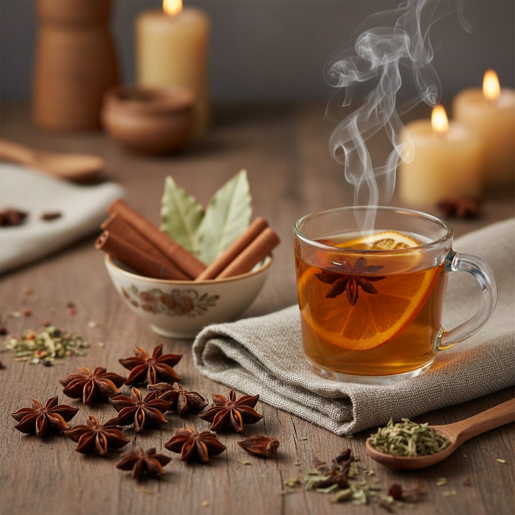 温かいハーブティーの湯気と、鮮やかな星形をしたスターアニスの実が並べられた、居心地の良い食卓風景。