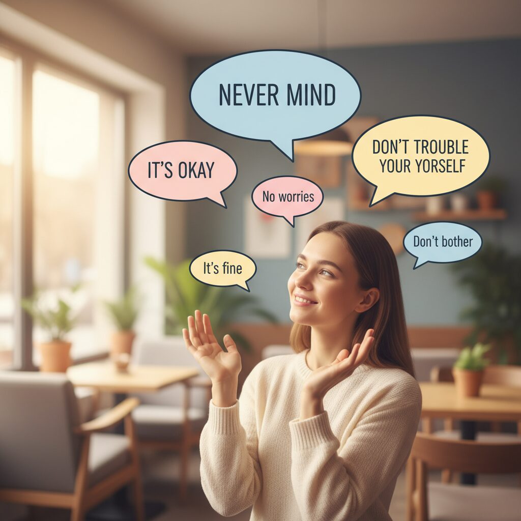 笑顔で手で「結構です」とジェスチャーする人のイラスト。周りに英語のフレーズが浮かび、状況に応じた「お構いなく」の表現を示唆している。