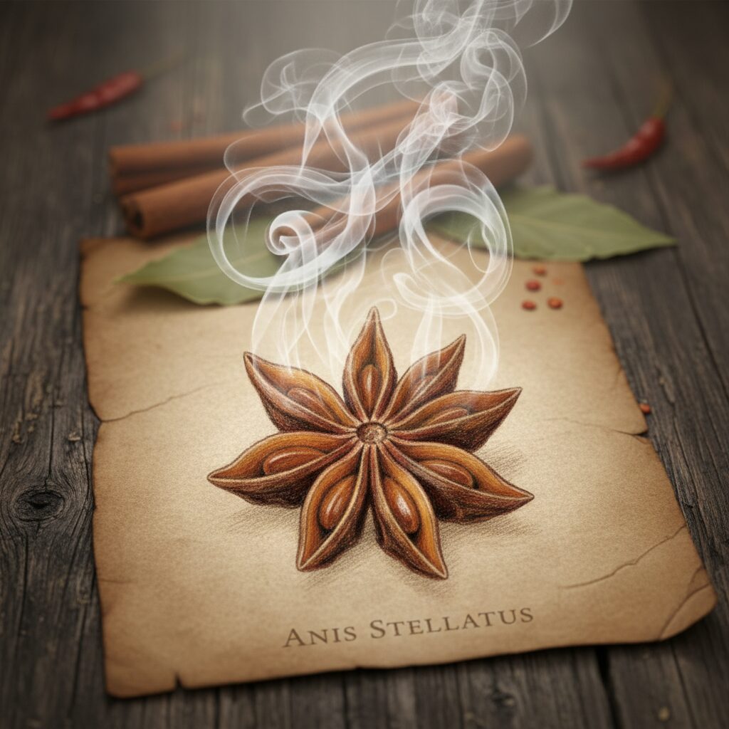 美しい星形のスターアニスが、温かい湯気と共に香り立つイメージ
