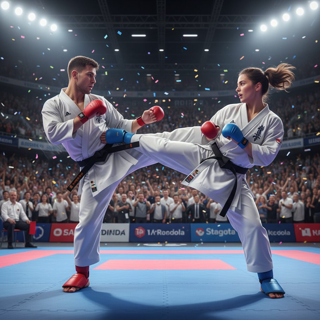 全日本空手道選手権大会2023、激しい組手を行う二人の空手家