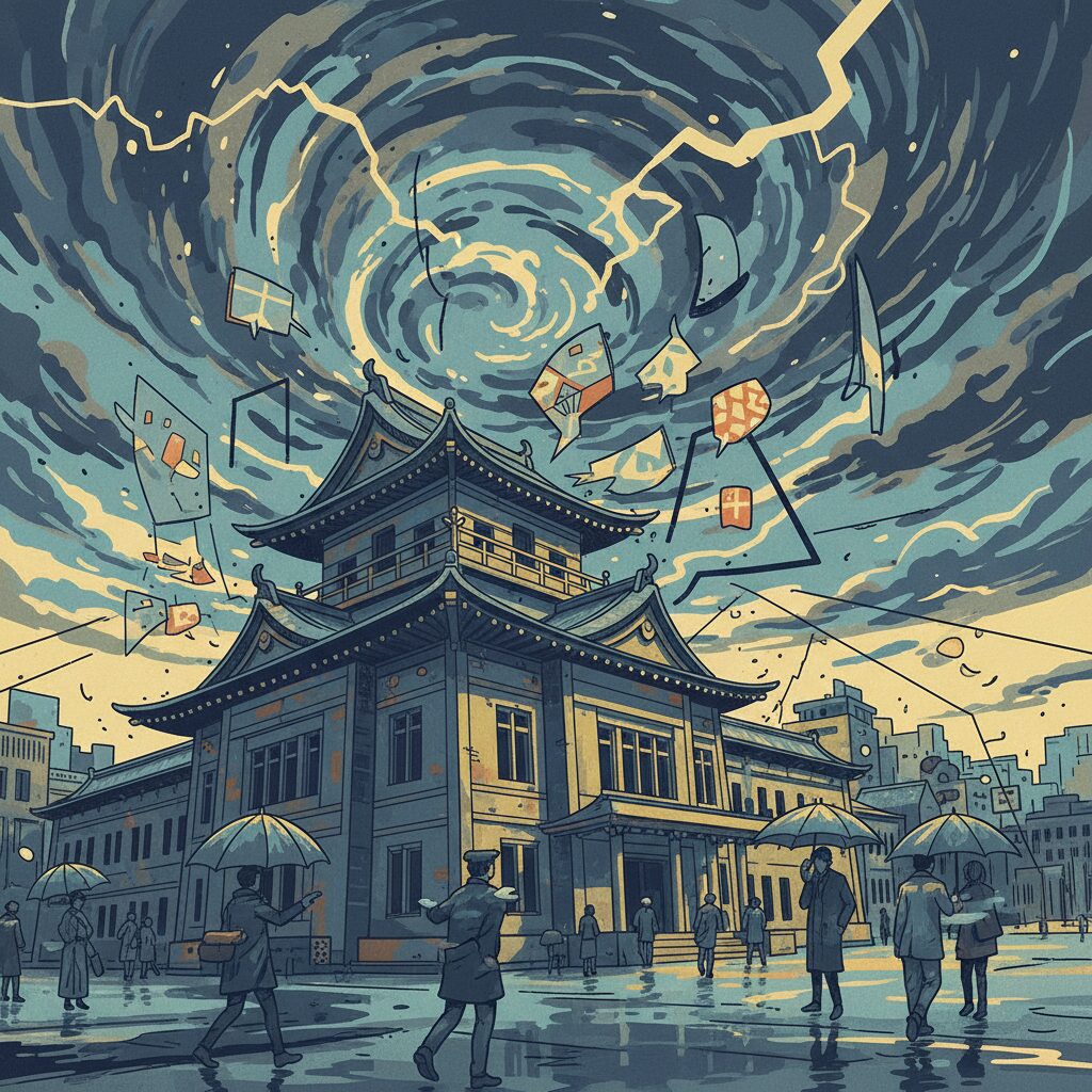 伊東市長選を巡る立花孝志氏の動向と市政の混乱を表すイラスト