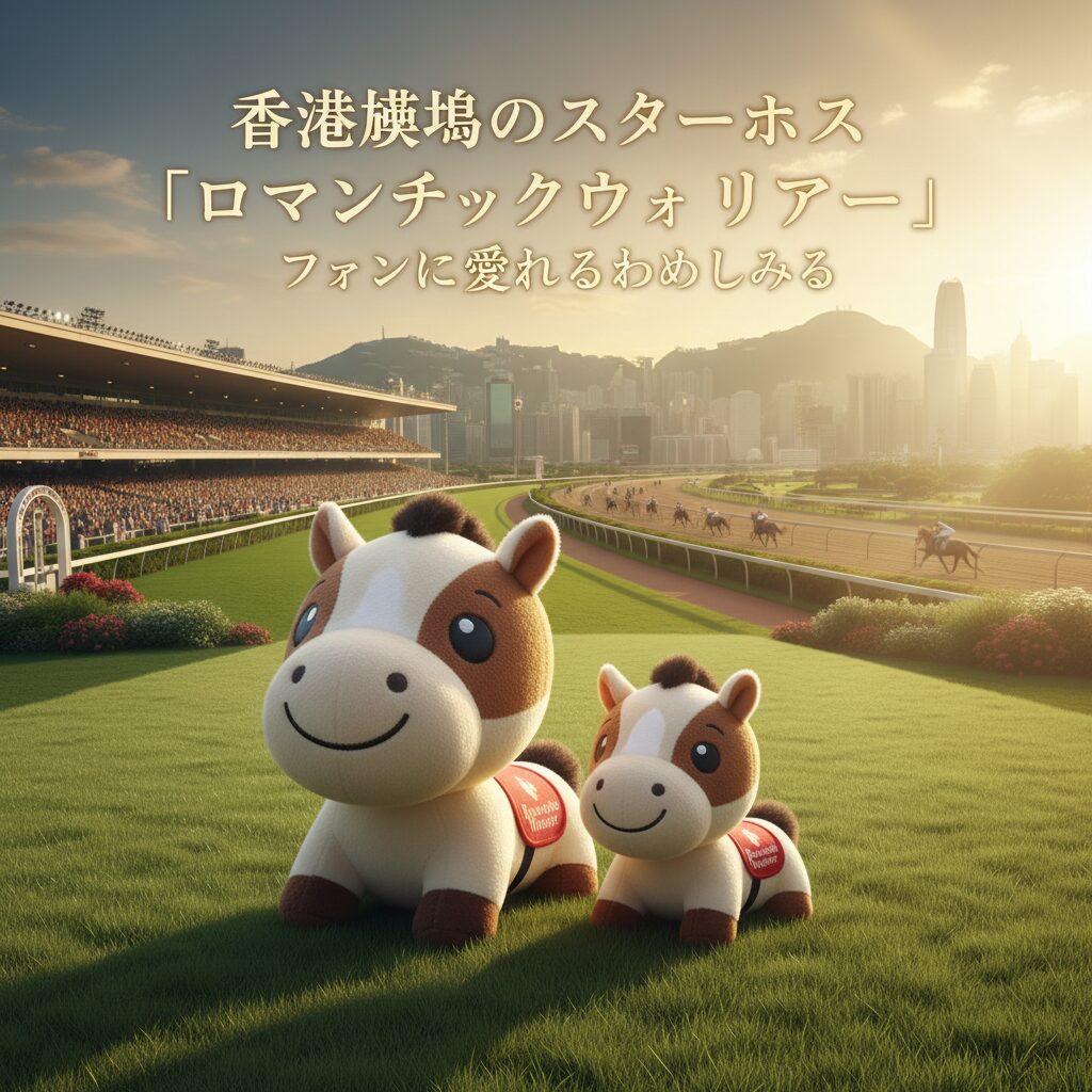 香港競馬のスターホース、ロマンチックウォリアーのSサイズと5Sサイズぬいぐるみ。競馬場を背景にした可愛らしい姿。