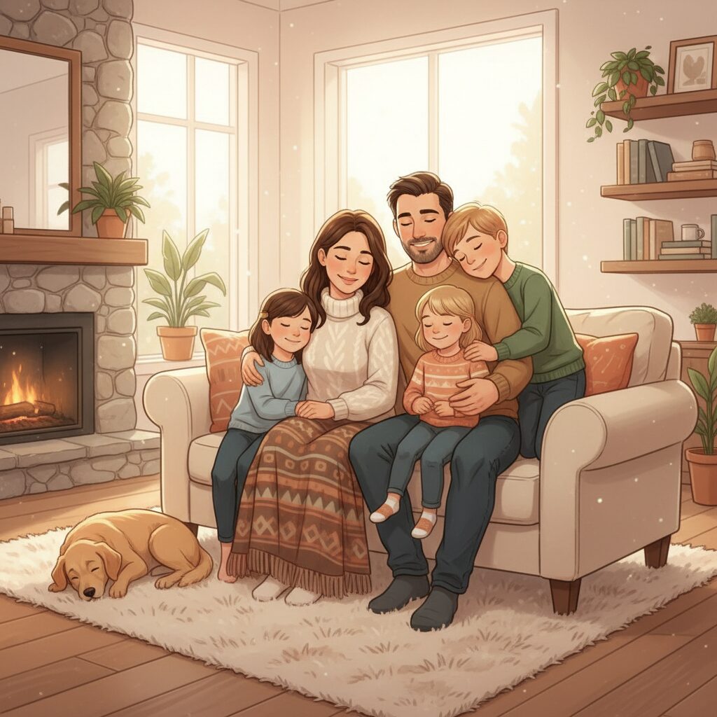 石橋杏奈さんと松井裕樹選手、そして3人のお子さんたちが写る、温かい家族写真