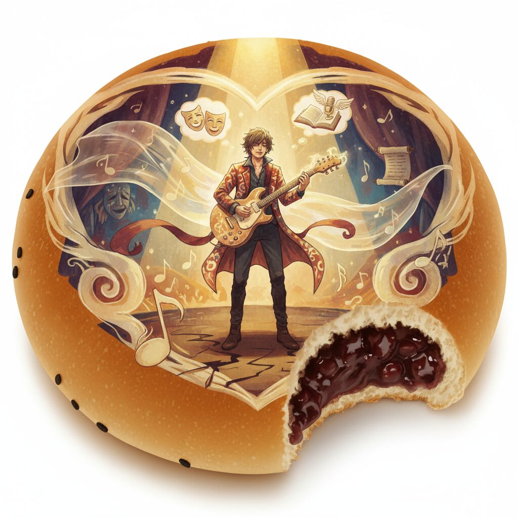 Mrs. GREEN APPLEの大森元貴さんがNHK連続テレビ小説『あんぱん』で俳優デビューし、注目を集めている様子を描いたイラスト