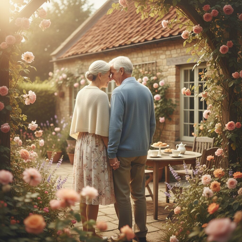 寄り添う熟年夫婦の後ろ姿が描かれた、温かい雰囲気のイラスト。