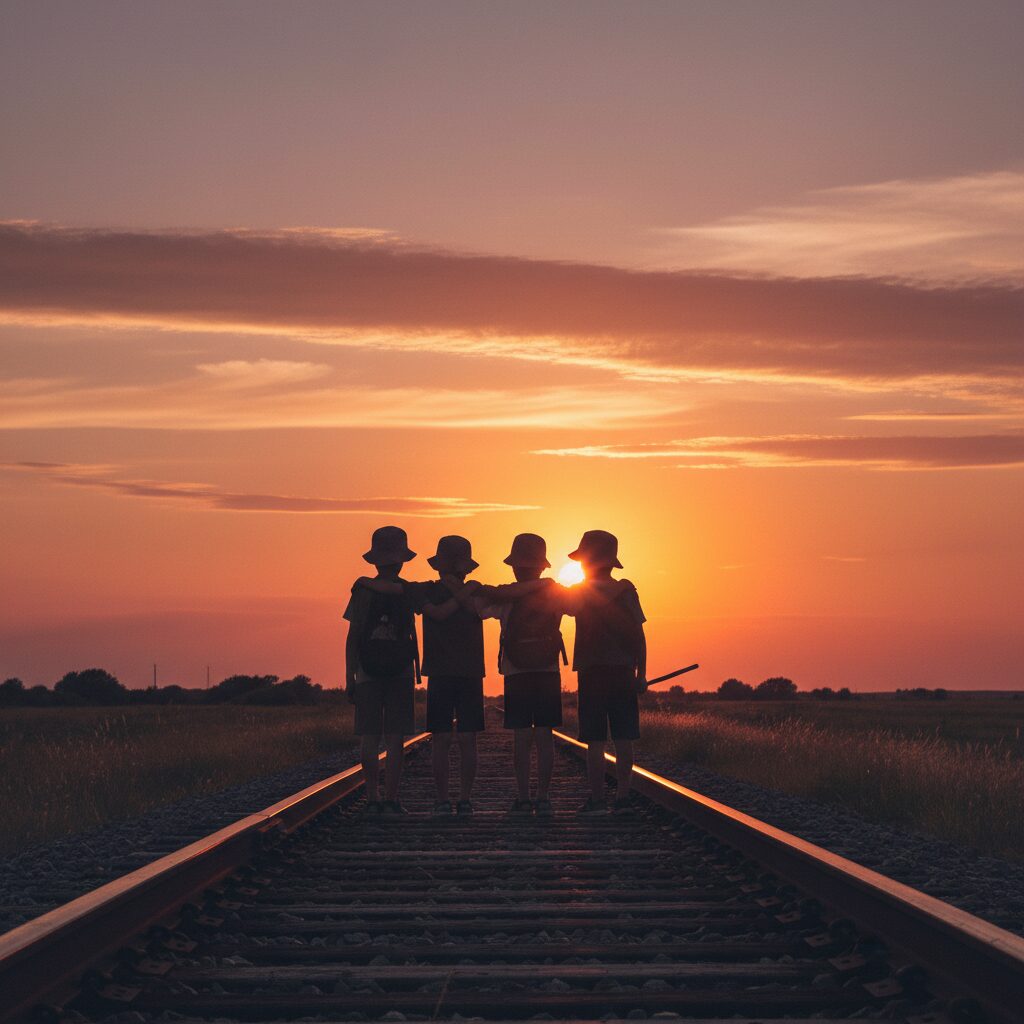 夕焼けを背景に線路の上に立つ少年たちのシルエット。友情とノスタルジーを感じさせる。